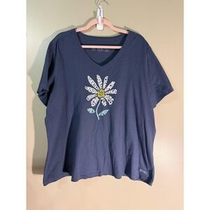 Life Is Good T-Shirt Womens XXXL Blue Floral Graphic V-Neck Relaxed Jersey